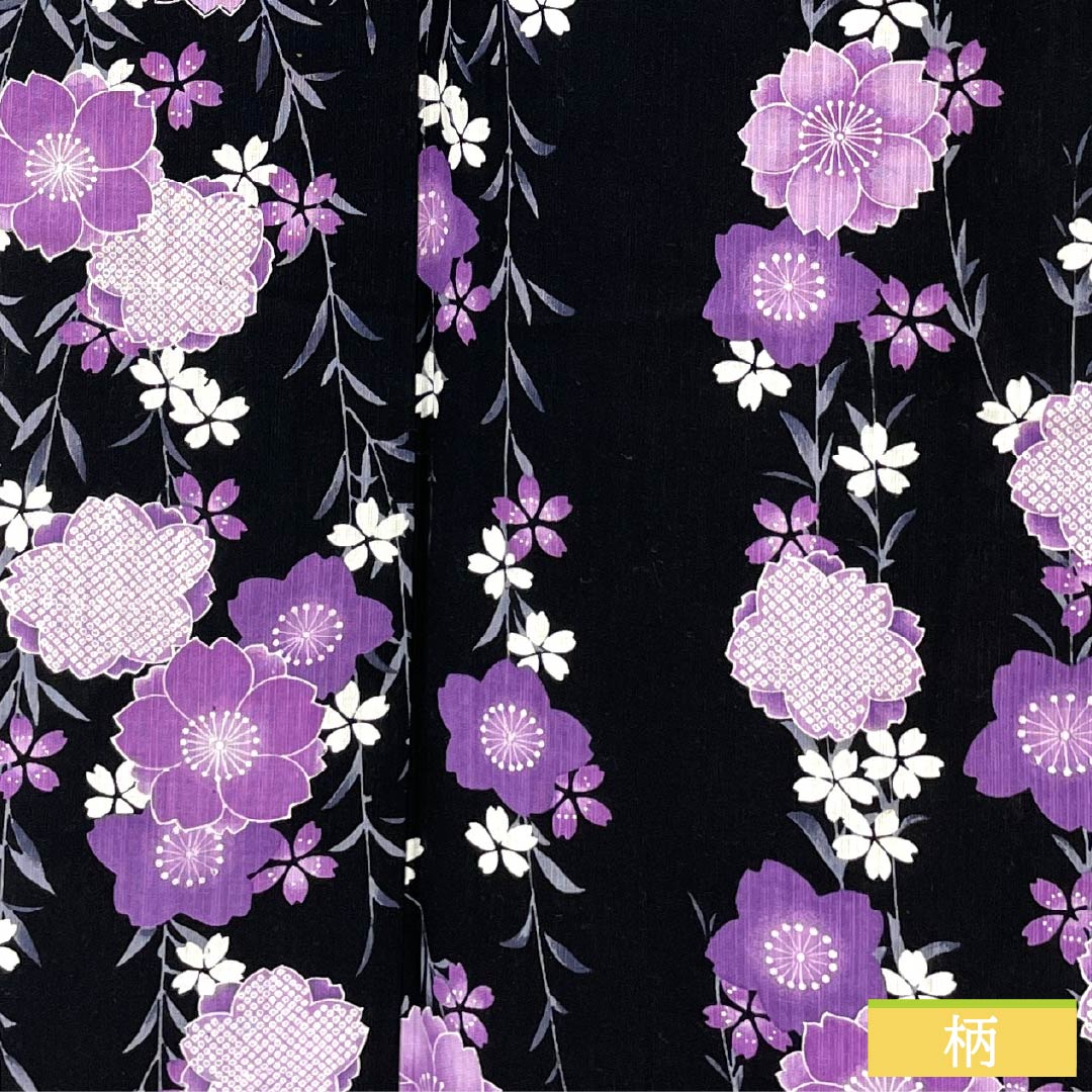 浴衣 綿麻 身丈165cm 裄丈69cm Aランク 単衣 黒系 しだれ桜 綿麻 1118006043510