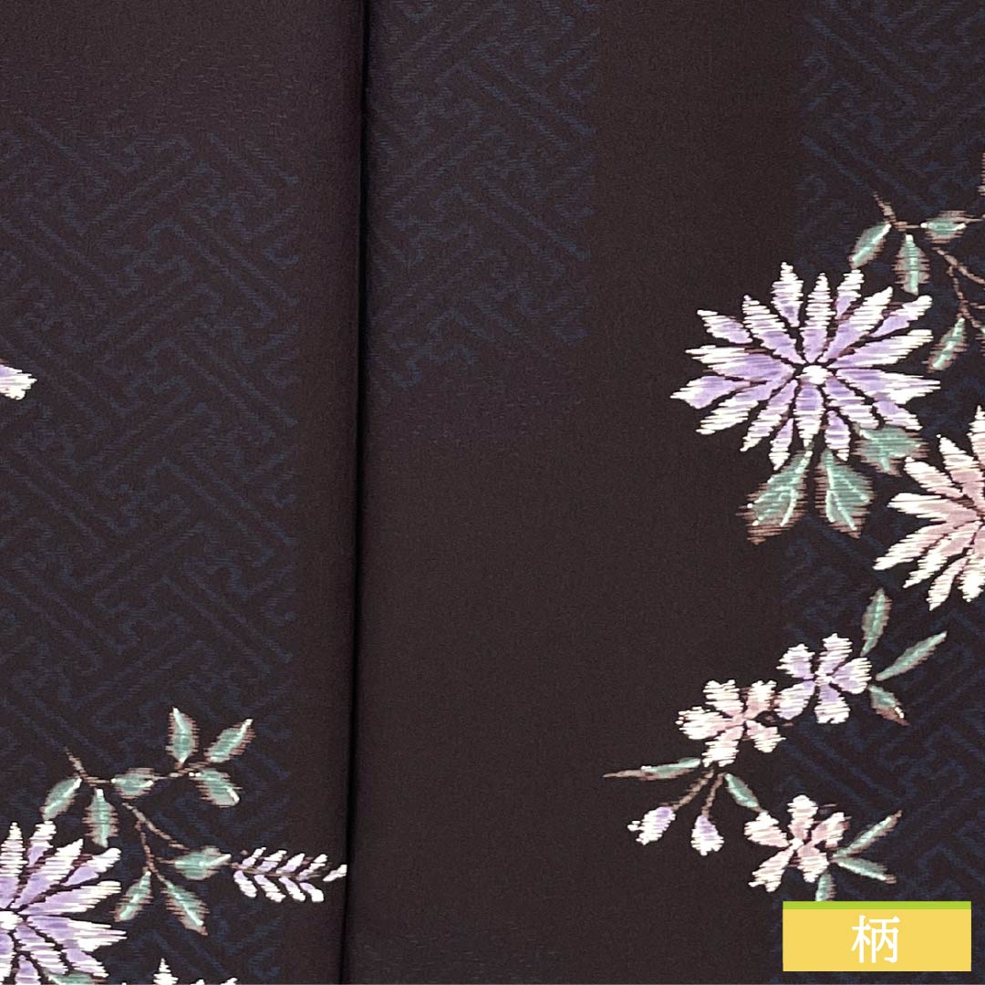小紋 ポリエステル 身丈168.5cm 裄丈65cm 袷 紗綾形 花 洗える着物 Sランク 黒系 1115005952510