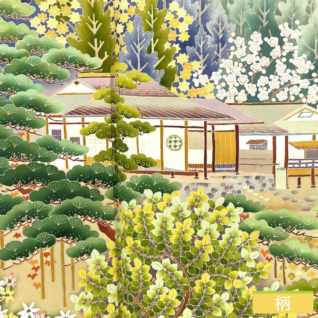 黒留袖 正絹 Aランク 身丈159cm 裄丈64.5cm 袷 京加賀友禅 五つ紋 抱き茗荷 作家物 風景模様 松 梅 五つ紋 黒系 1111001963310