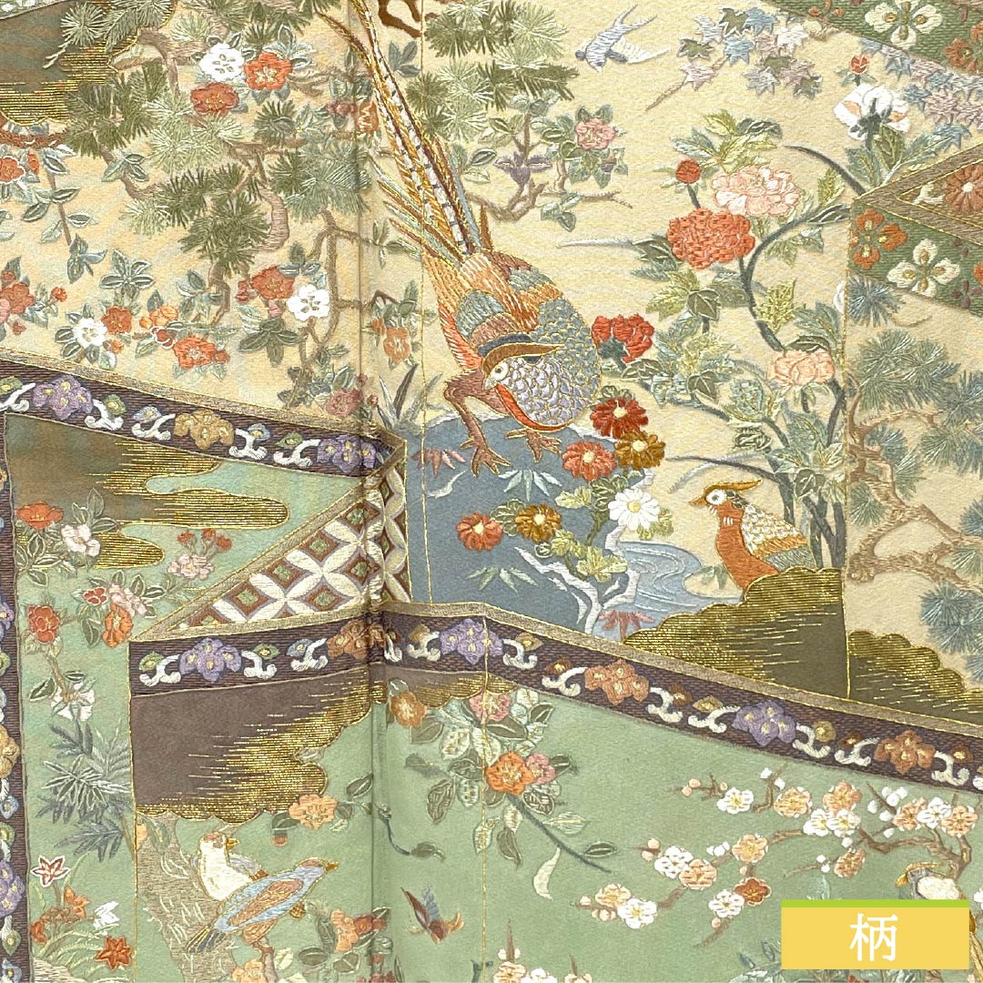 黒留袖 正絹 Sランク 身丈158cm 裄丈65.5cm 袷 蘇州刺繍 五つ紋 木瓜 吉祥文様 雉 松 梅 五つ紋 黒系 1111001782310