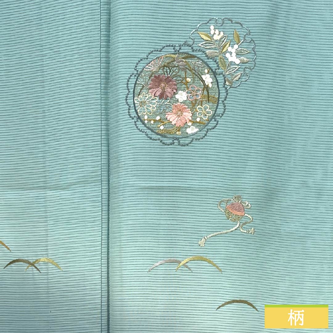 夏物 正絹 付下げ Aランク 身丈157.5cm 裄丈62.5cm 薄水色（うすみずいろ） 蘇州刺繡 雪輪 一つ紋 絽 水色系 1132007223324