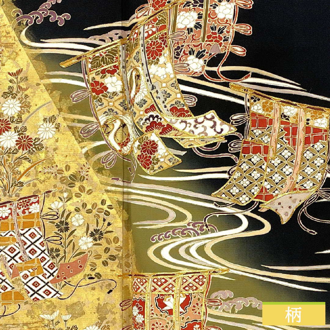 Black formal kimono, pure silk, length 150cm, sleeve length 64cm, lined, Kyoto yuzen, folding screen, flowing water, five crests, five-three paulownia, S rank, black, 1111001742110