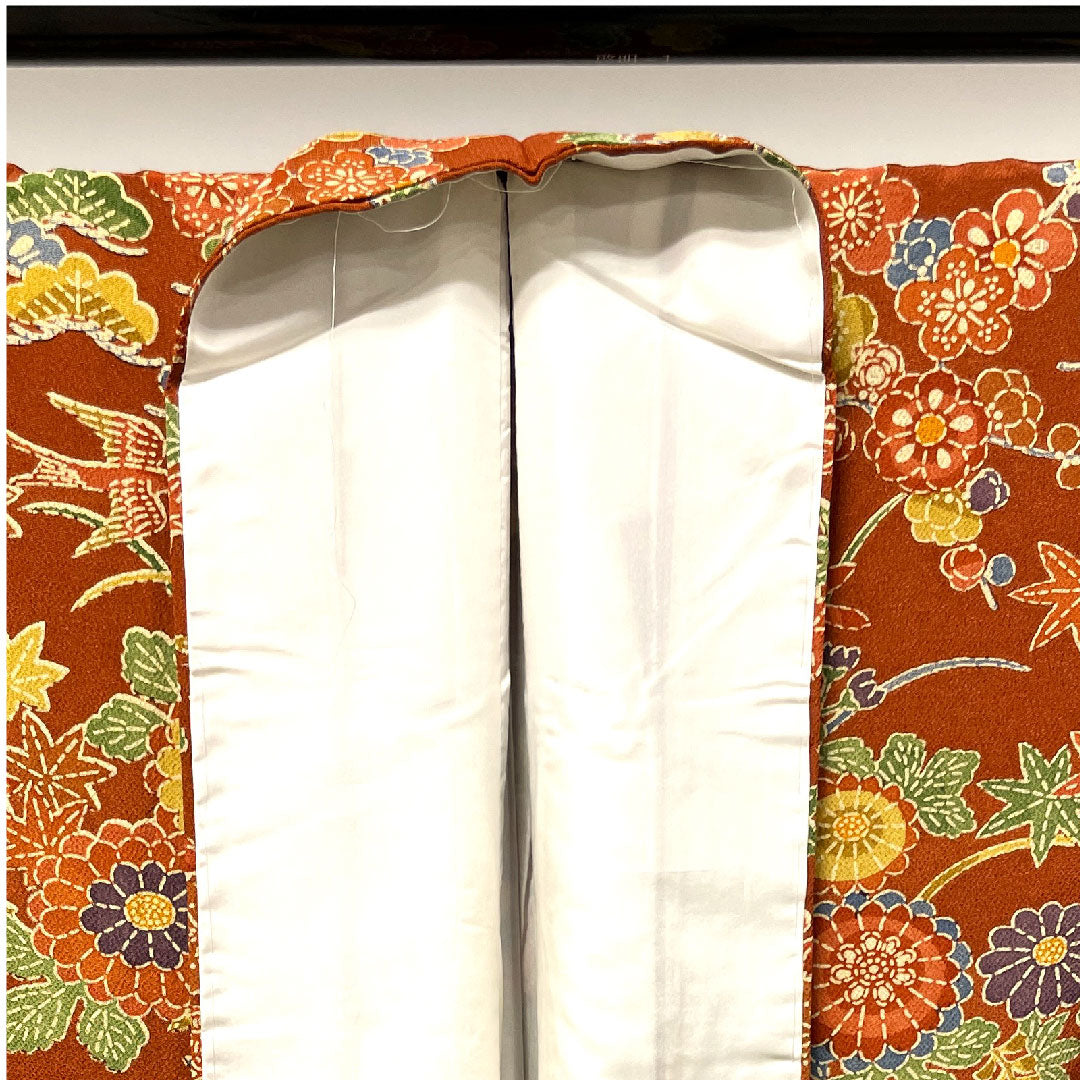 小紋 身丈154cm 裄丈61cm 袷  猩々茶色 型染 菊 梅 草花模様  正絹 Sランク 茶系 1115002652214