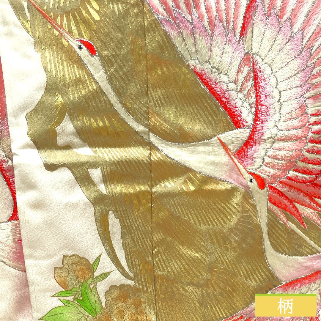 色打掛 正絹 身丈191cm 裄丈65cm  唐織 金彩加工 鶴 Bランク 袷 白系 1110000664911