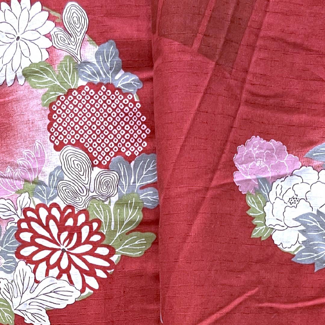 浴衣 蘇芳色 梅 牡丹 菊 木綿 Sランク 単衣 身丈163.5cm 裄丈67cm 朱系 1118004242416