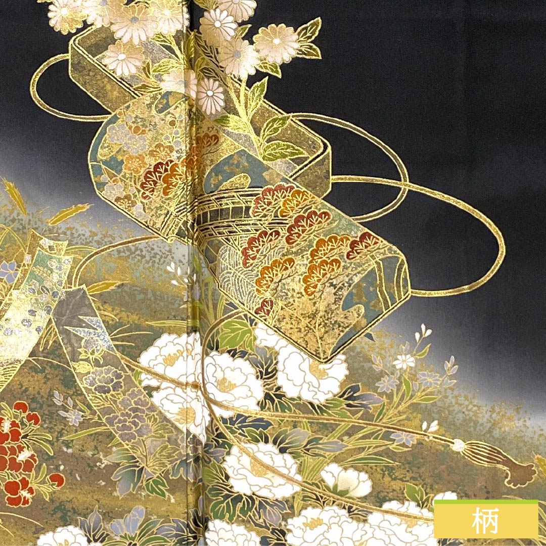 黒留袖 正絹 Aランク 身丈170cm 裄丈67cm 袷 京友禅 五つ紋 梅鉢 重箱 草花 五つ紋 黒系 1111001873610