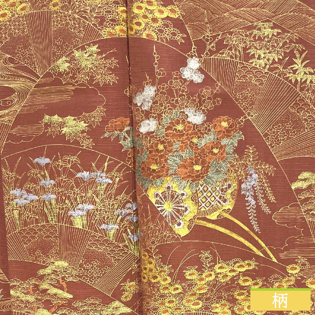 訪問着 正絹 袷 身丈161cm 裄丈63cm 小豆色（あずきいろ） 京友禅 花車 吉祥文様 Sランク 赤系 1112004302412