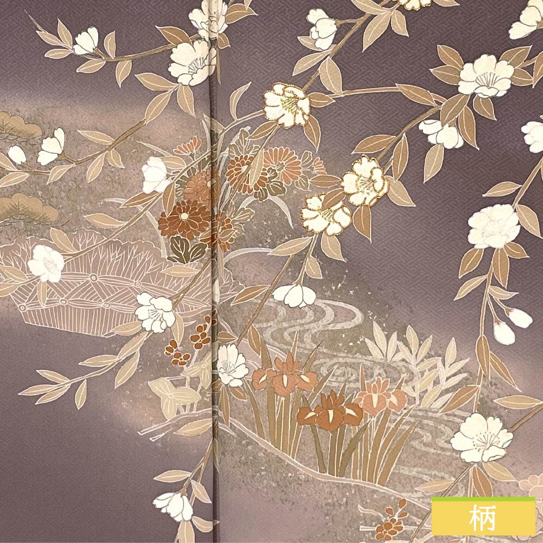 訪問着 正絹 Bランク 袷 身丈164cm 裄丈64.5cm 紅掛鼠色（べにかけねずいろ） 京友禅 一つ紋 草木 紫系 1112007044420