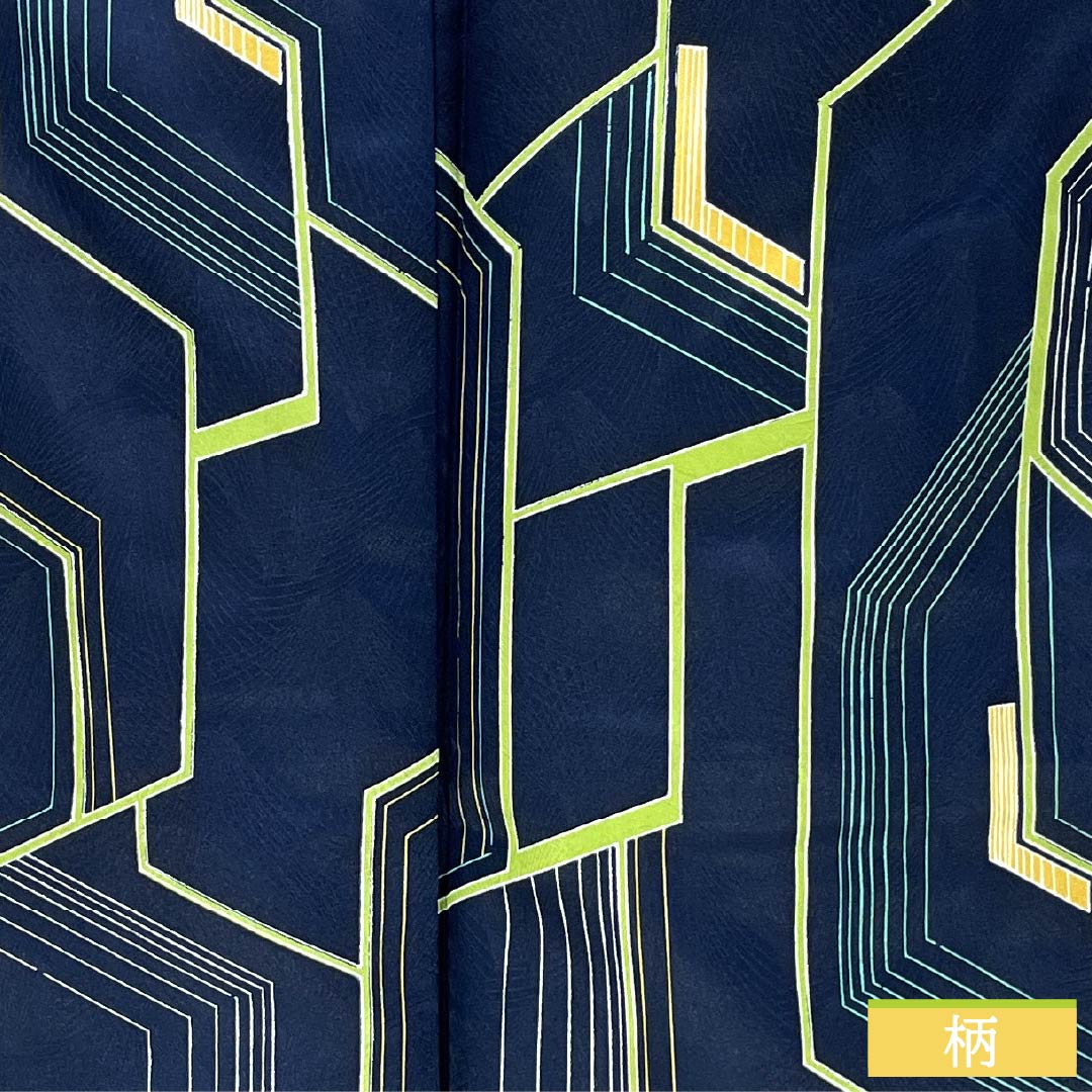 Komon (small pattern) polyester kimono, A rank, length 162.5cm, sleeve length 65cm, lined, navy blue (kon-iro) with geometric patterns, washable, navy blue, 1115007403418