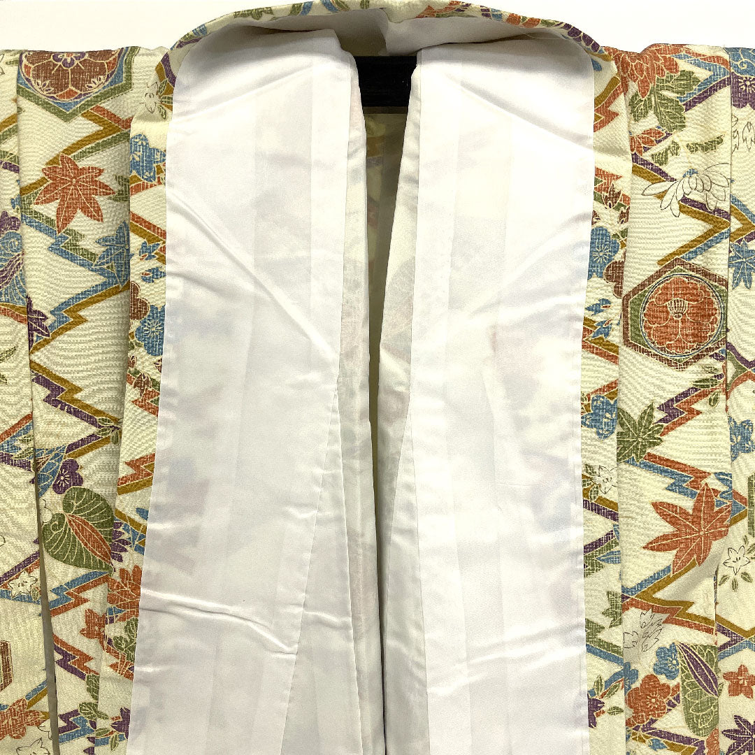 小紋 身丈157.5cm 裄丈64cm 袷  松皮菱 古典柄  ポリ Sランク クリーム系 1115000712315