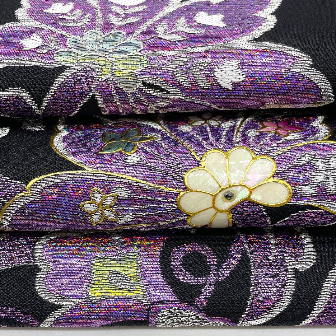 （未仕立）袋帯 黒色 花唐草 藤本隆士 螺鈿作家 西陣京都イシハラ 帯丈472cm 正絹 NEWランク 六通 フォーマル 黒系 1123009061410