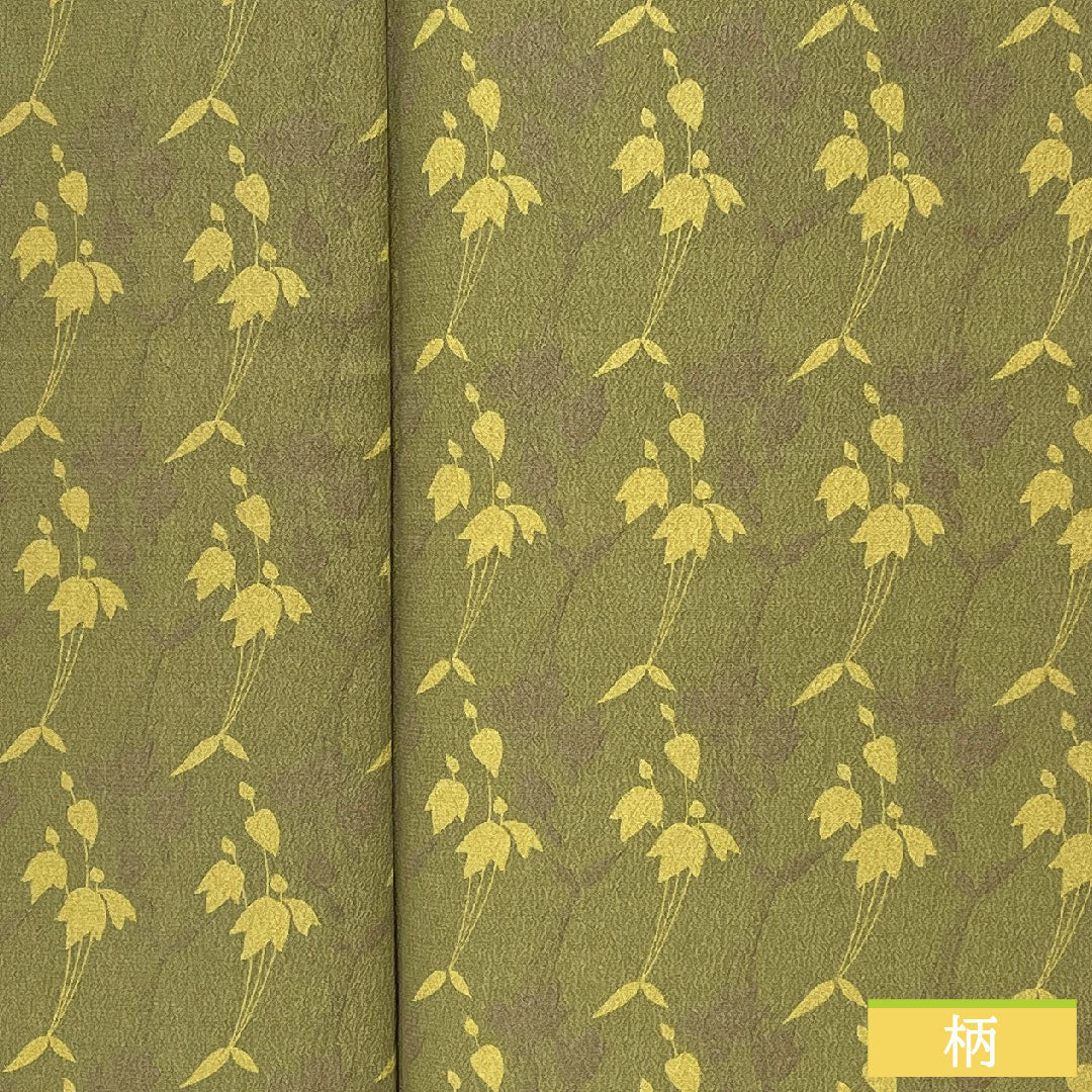 小紋 ポリエステル 身丈163cm 裄丈65cm 袷 紀州茶色（きしゅうちゃいろ） 洗える着物 抽象花 しつけ糸付き 未使用品 Sランク 緑系 1115004922419