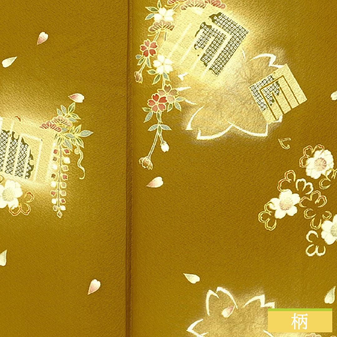 訪問着 正絹 袷 身丈156cm 裄丈66.5cm 木蘭色（もくらんじき） 桜 源氏香 パールトーン加工 Aランク 黄系 1112005433323