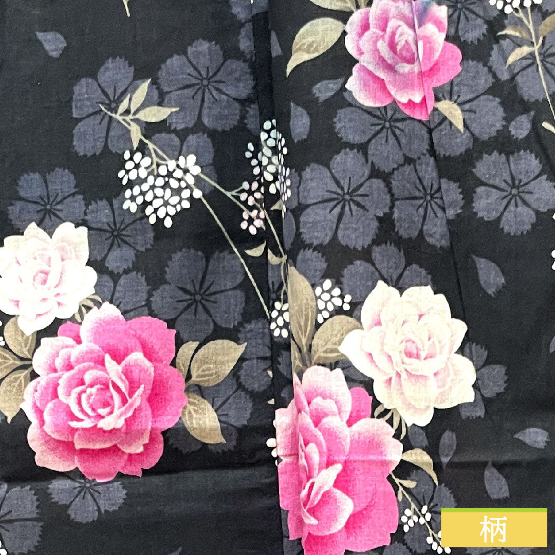 Yukata Cotton Length 159cm Sleeve length 64.5cm B rank Single layer Black Rose Gypsophila Cherry blossom 1118004554310