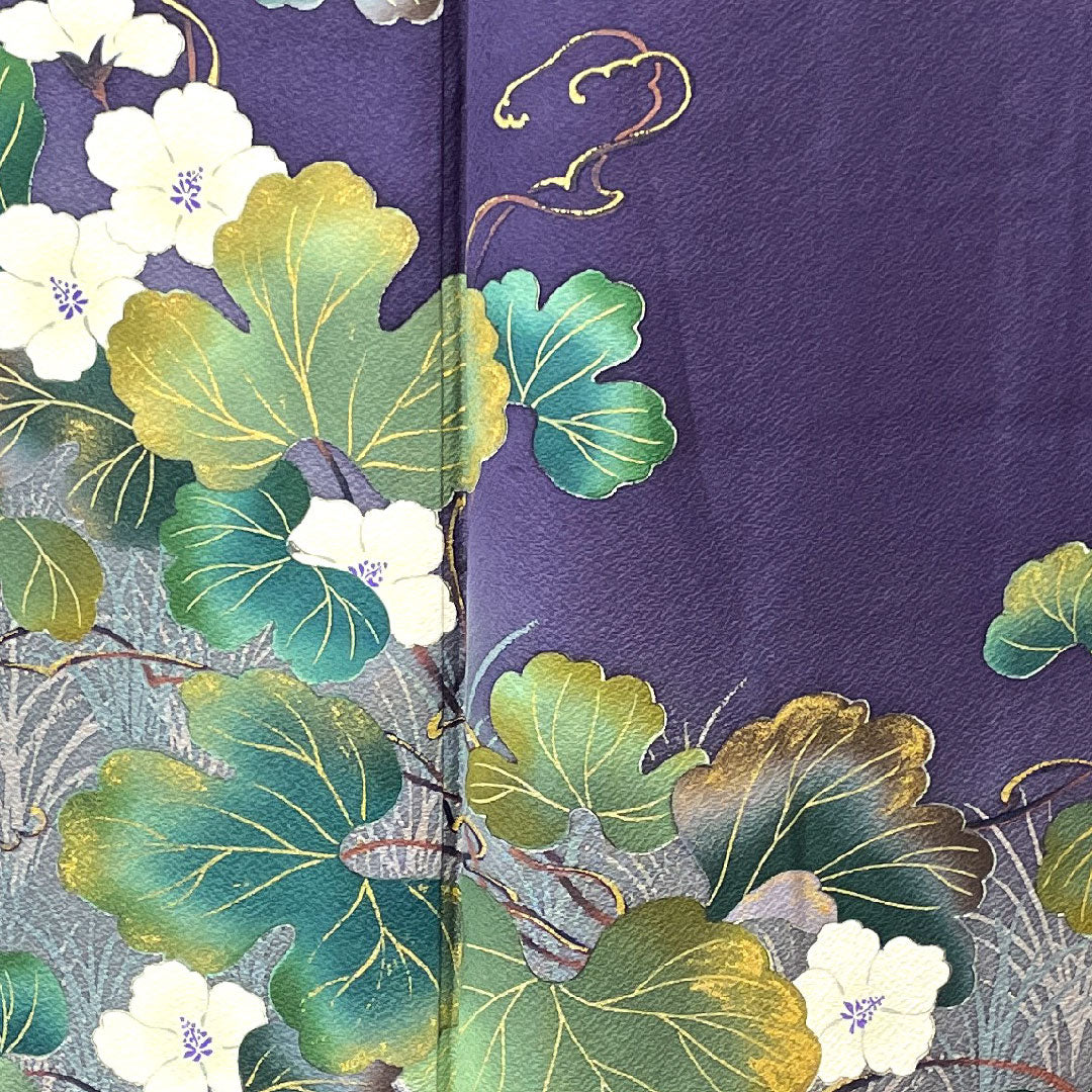 Homongi, pure silk, lined, length 159.5cm, sleeve length 67cm, scarlet, Nakamura Nobuo, floral pattern, artist's work, bellflower with three scales, S rank, purple, 1112002782320