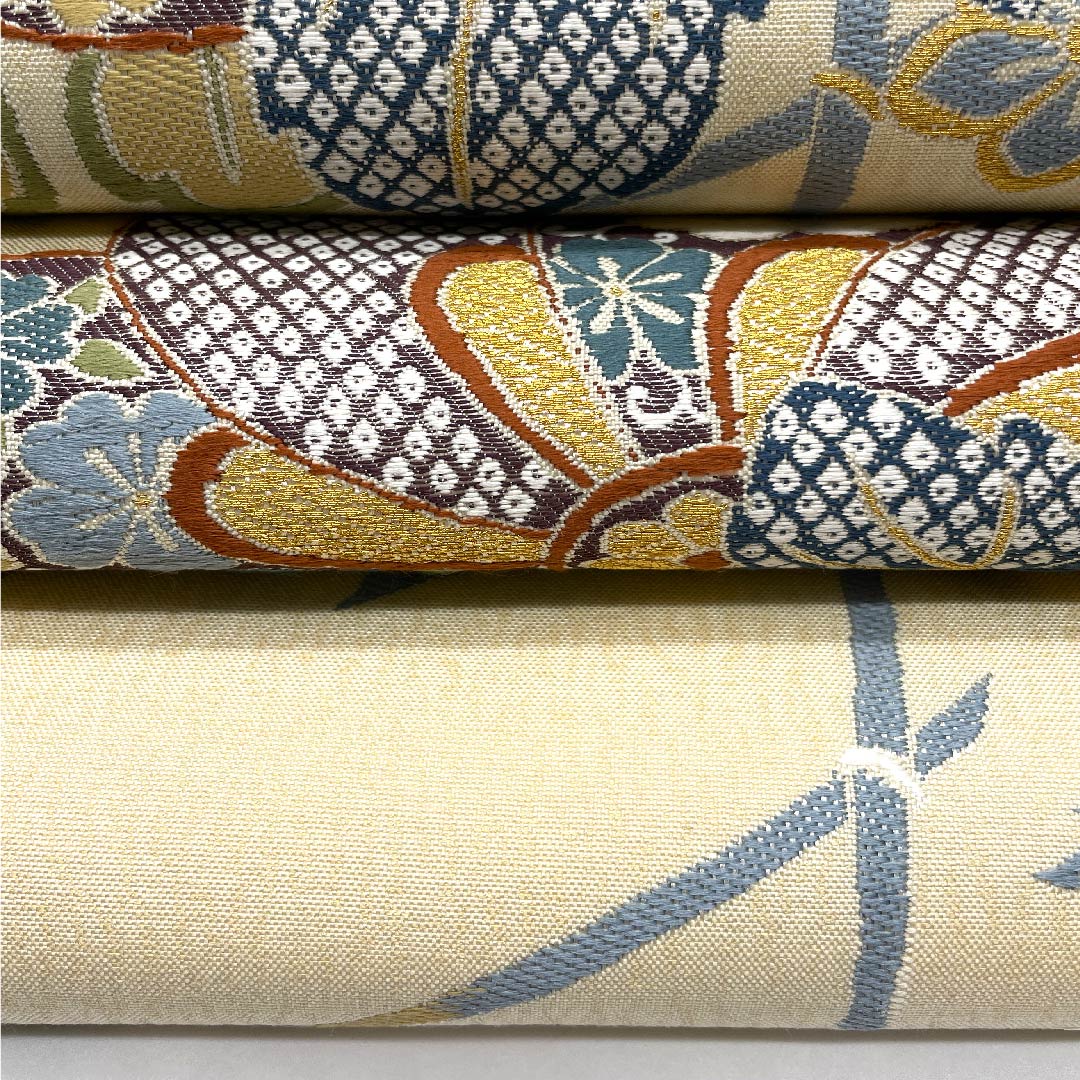 袋帯 薄卵色（うすたまごいろ） 華文 花菱 岡文織物 帯丈434cm 正絹 Sランク 六通 フォーマル クリーム系 1123006752315