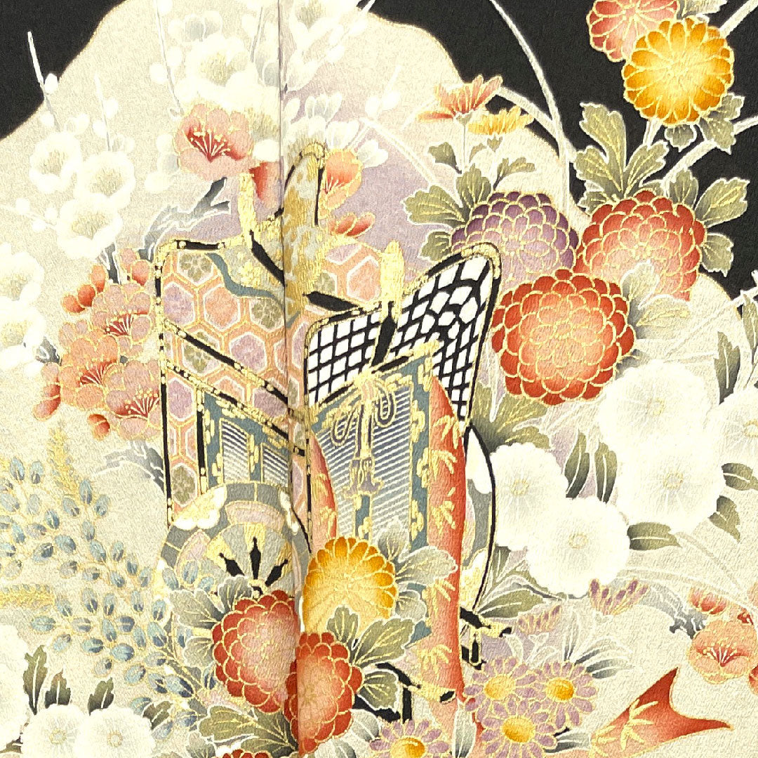 黒留袖 身丈155cm 裄丈61.5cm 袷 京友禅 吉祥文様 丸に剣片喰 正絹 Aランク 五つ紋 黒系 1111000913310