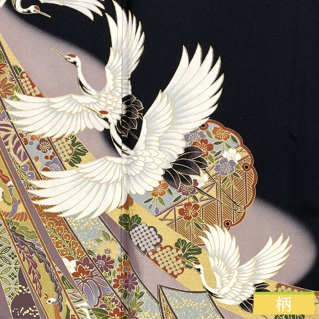 Black Tomesode (Japanese Kimono) - Pure Silk, S Rank, Length 163cm, Sleeve Length 66.5cm, Lined, Kyoto Yuzen, Five Crests, Paulownia, Crane, Noshi, Pine, Plum, Black, 1111002102410