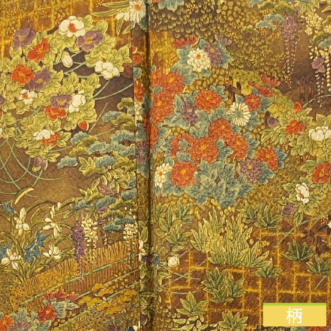 Komon, pure silk, length 140cm, sleeve length 60.5cm, lined, dark brown, floral pattern, basting thread included, unused, S rank, brown, 1115003732114