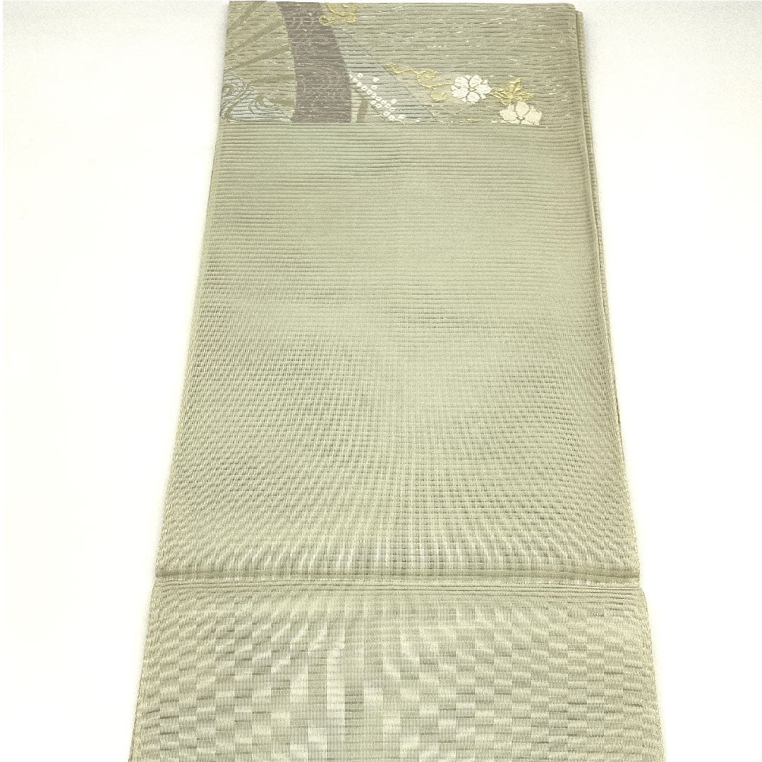 袋帯 絽 夏 流水 草花模様 帯丈441cm 正絹 Sランク 六通 フォーマル 白系 1123004392311