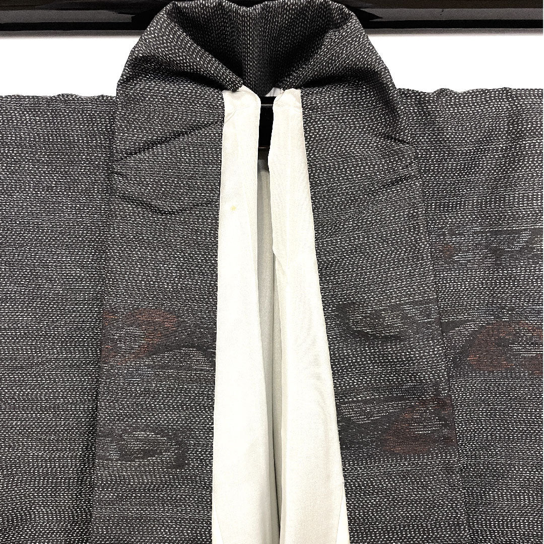 大島紬 身丈154.5cm 裄丈62cm 緯総絣 草花模様 正絹 Aランク 袷 黒系 1116001523210