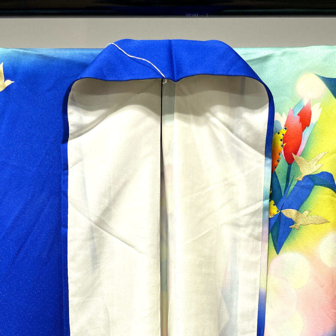 振袖 身丈176.5cm 裄丈64cm 袷  瑠璃色 花鳥模様  正絹 Bランク 紺系 1113001484818
