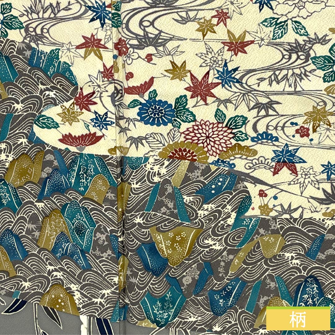 Visiting Kimono, Pure Silk, S Rank, Lined, Length 165.5cm, Sleeve Length 67.5cm, Kyoto Bingata Style, Bingata Style, Auspicious Motifs, Gray, Product Number: 1112006742522