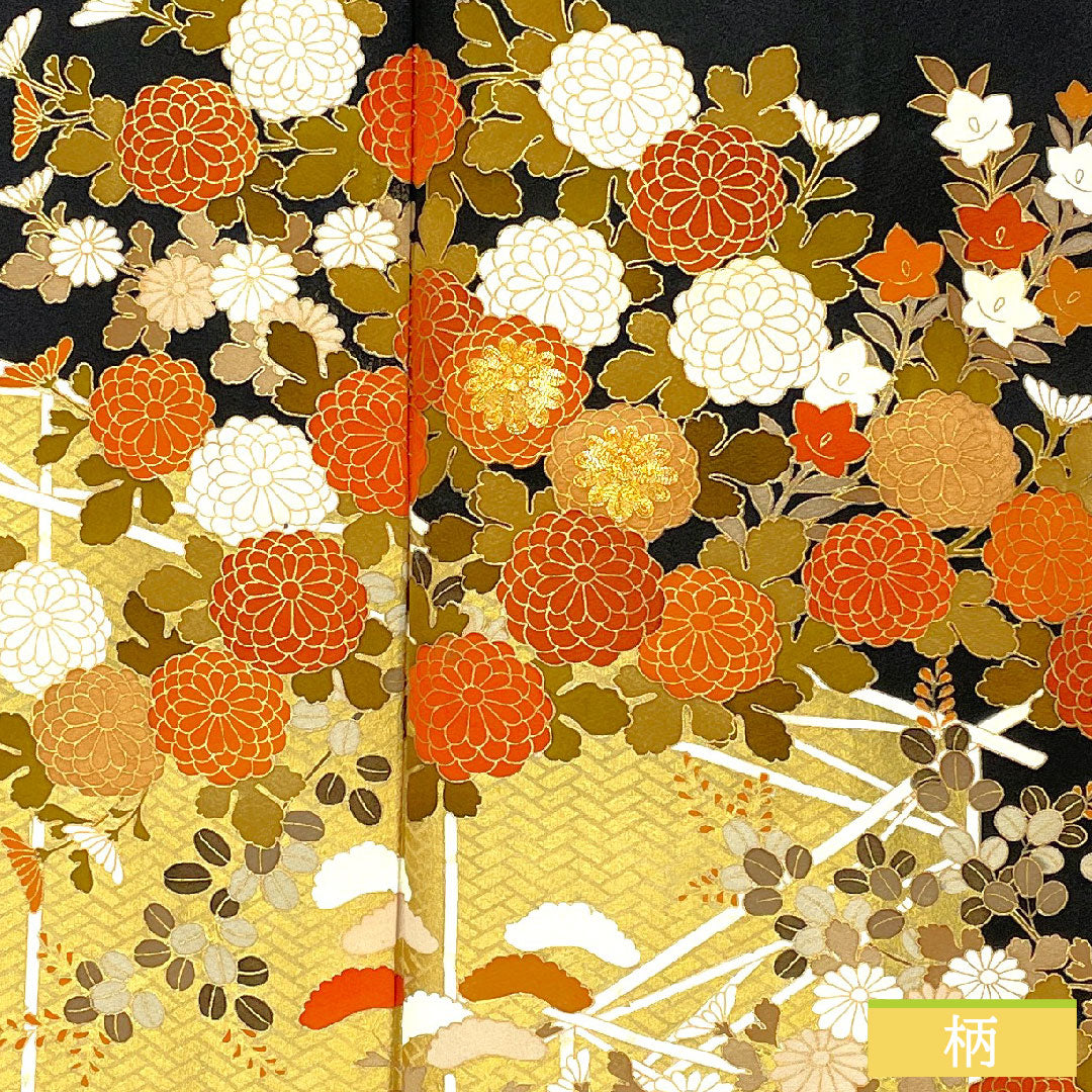 Black formal kimono, pure silk, length 167cm, sleeve length 67cm, lined, Kyoto yuzen, floral pattern, five crests, plum blossom, S rank, black, 1111001642510