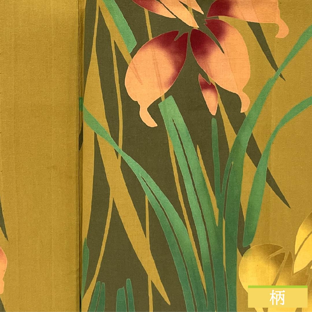 浴衣 木綿 身丈153.5cm 裄丈67cm Aランク 単衣 黄系 木蘭色（もくらんじき） 菖蒲 1118005803223