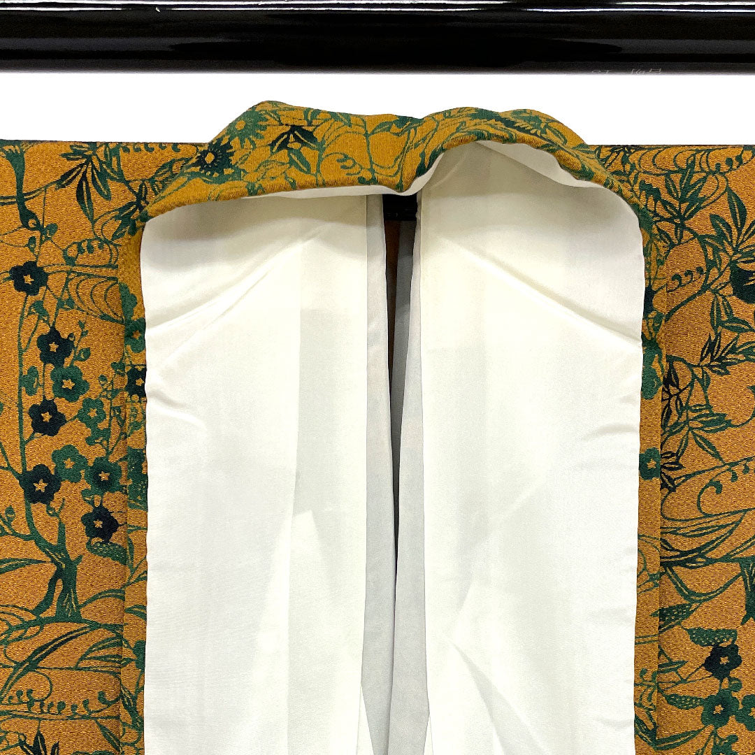 小紋 身丈161cm 裄丈63cm 袷 作家物 鶴に草花 型染 正絹 Aランク 茶系 1115000293314