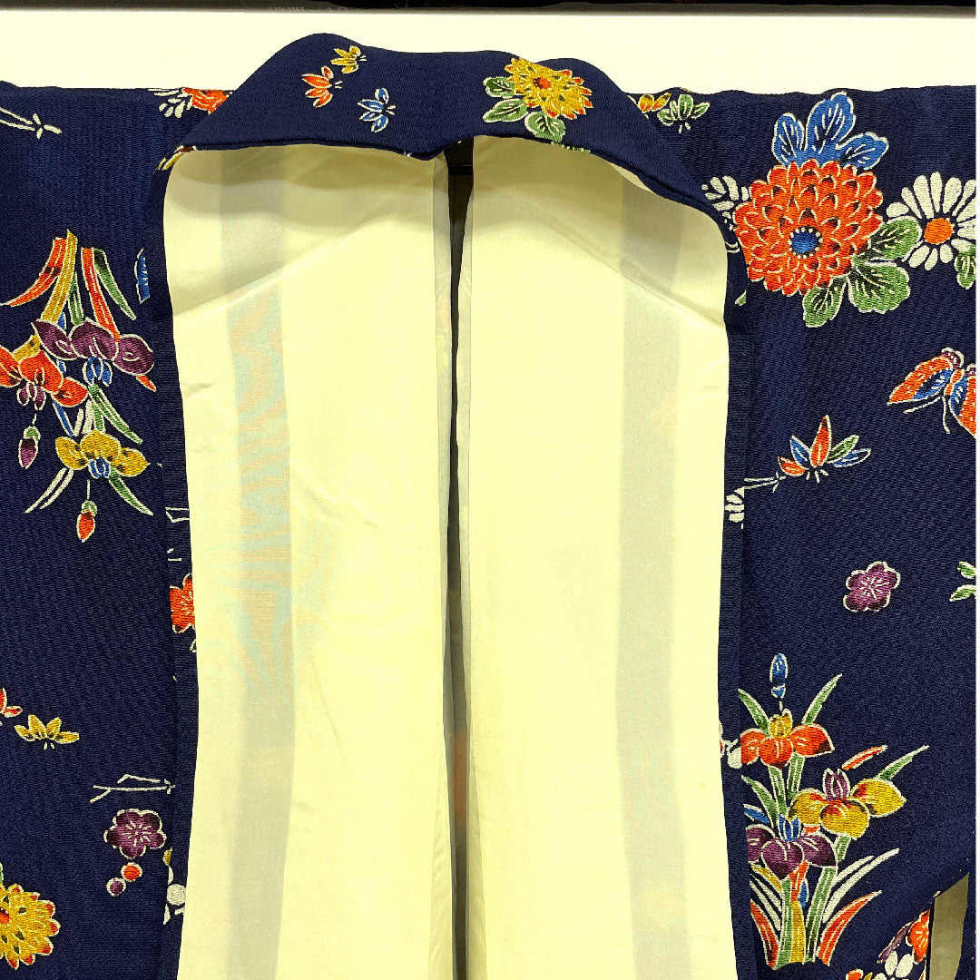 小紋 身丈154cm 裄丈66cm 袷  型染 松竹梅 花模様  正絹 Aランク 紺系 1115001213218