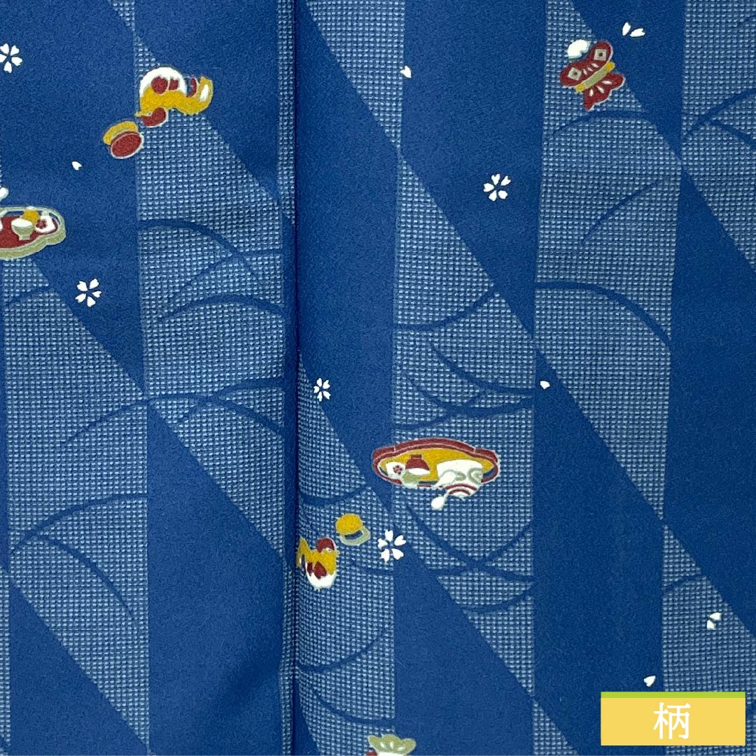 小紋 ポリエステル 身丈166cm 裄丈67cm 袷 紺青色（こんじょういろ） レトロ模様 洗える着物 Sランク 青系 1115005922517