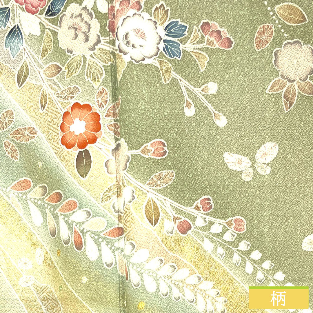 Homongi, pure silk, lined, length 163cm, sleeve length 65cm, willow-colored lining, Kyo-Yuzen, Tsujigahana, S rank, green, 1112003992419