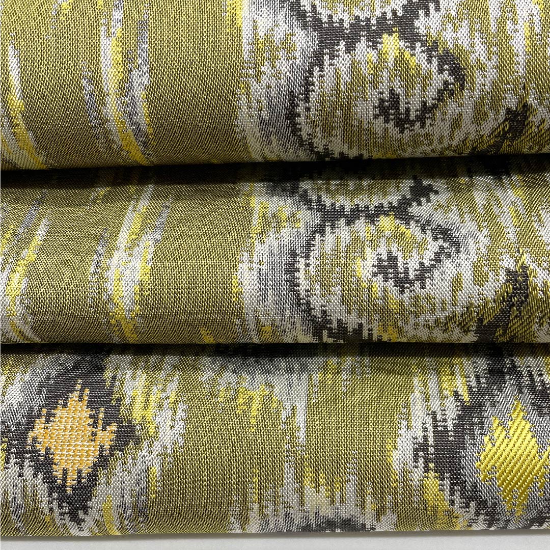 Fukuro obi (sash) in russet leaf color, ikat floral pattern, bamboo leaf pattern, by Ori Kobo Kanae, reversible, obi length 444cm, pure silk, S rank, full length, semi-formal, green, 1123007812319