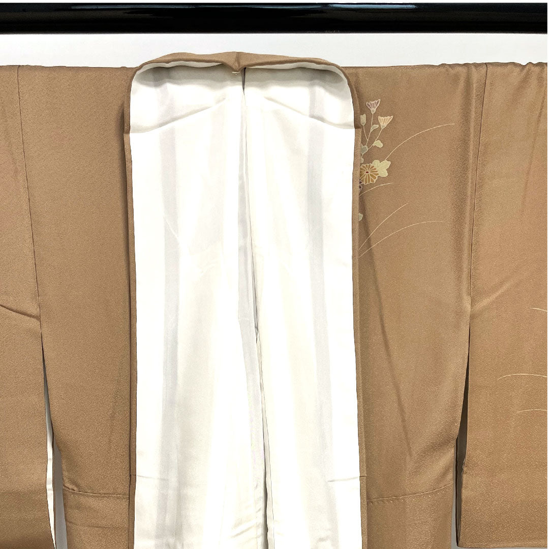 訪問着 袷 身丈159cm 裄丈64cm 柴染色 草花模様 正絹 Sランク 茶系 1112001582314