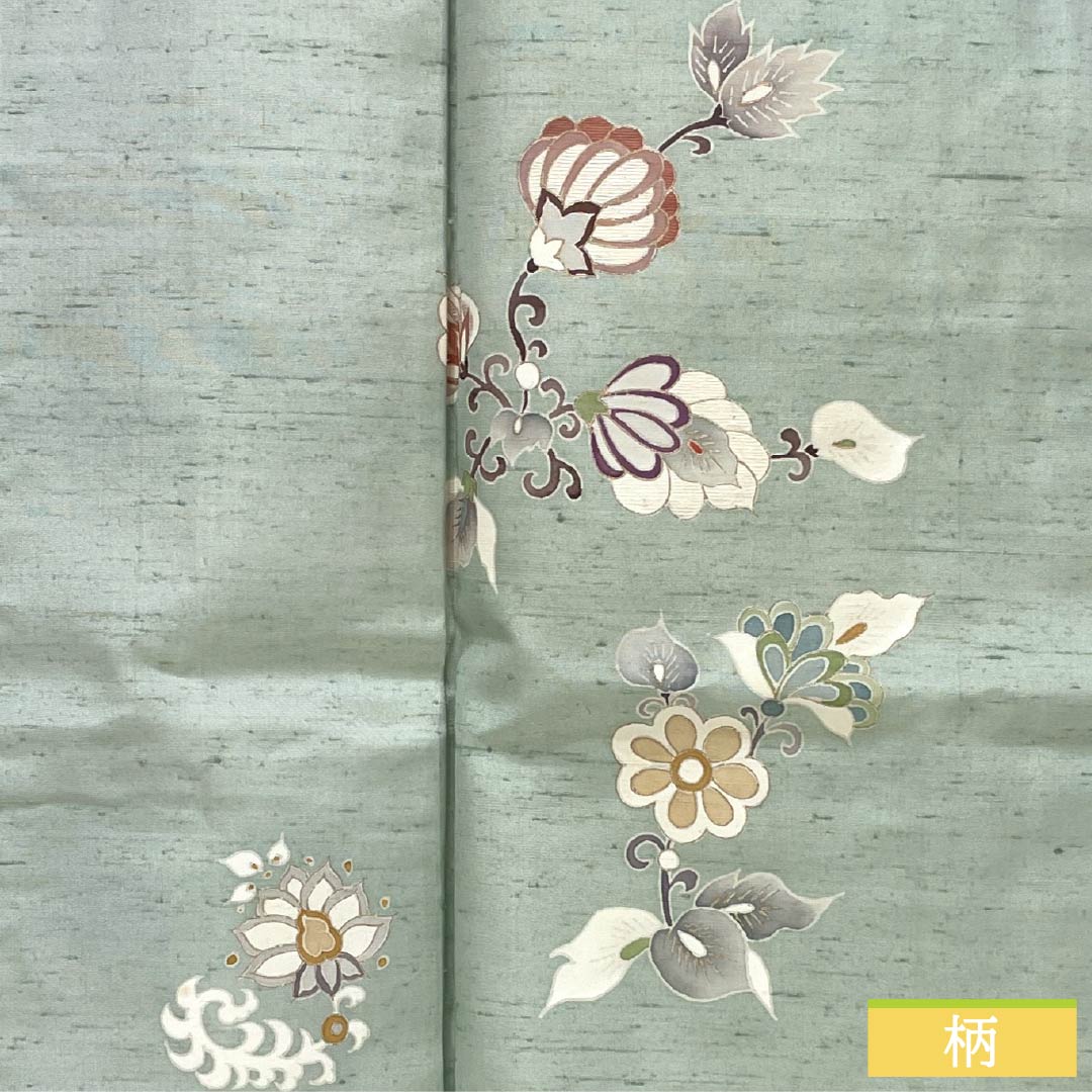 訪問着 正絹 Aランク 袷 身丈155cm 裄丈61cm 薄緑色（うすみどりいろ） 牛首紬 一つ紋 中陰蔦 草花 緑系 1112007533319