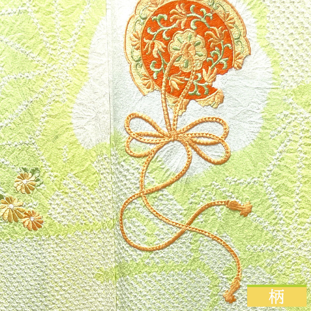 Homongi, pure silk, lined, length 162.5cm, sleeve length 62cm, young bud color, embroidery, tie-dye, hemp leaf, A rank, green, 1112003433419