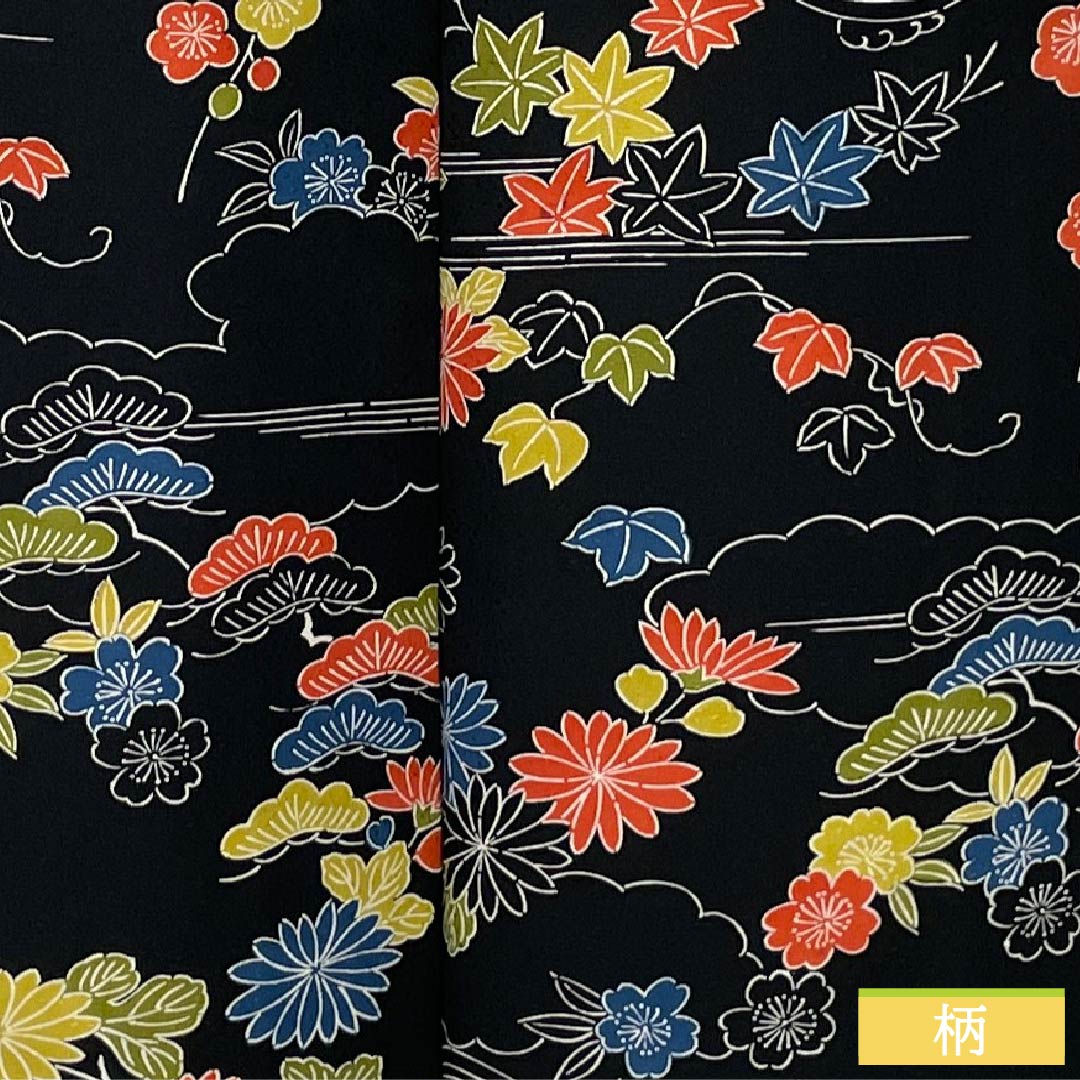 小紋 正絹 Sランク 身丈158.5cm 裄丈65.5cm 袷 型染 松竹梅 菊 黒系 1115006872310
