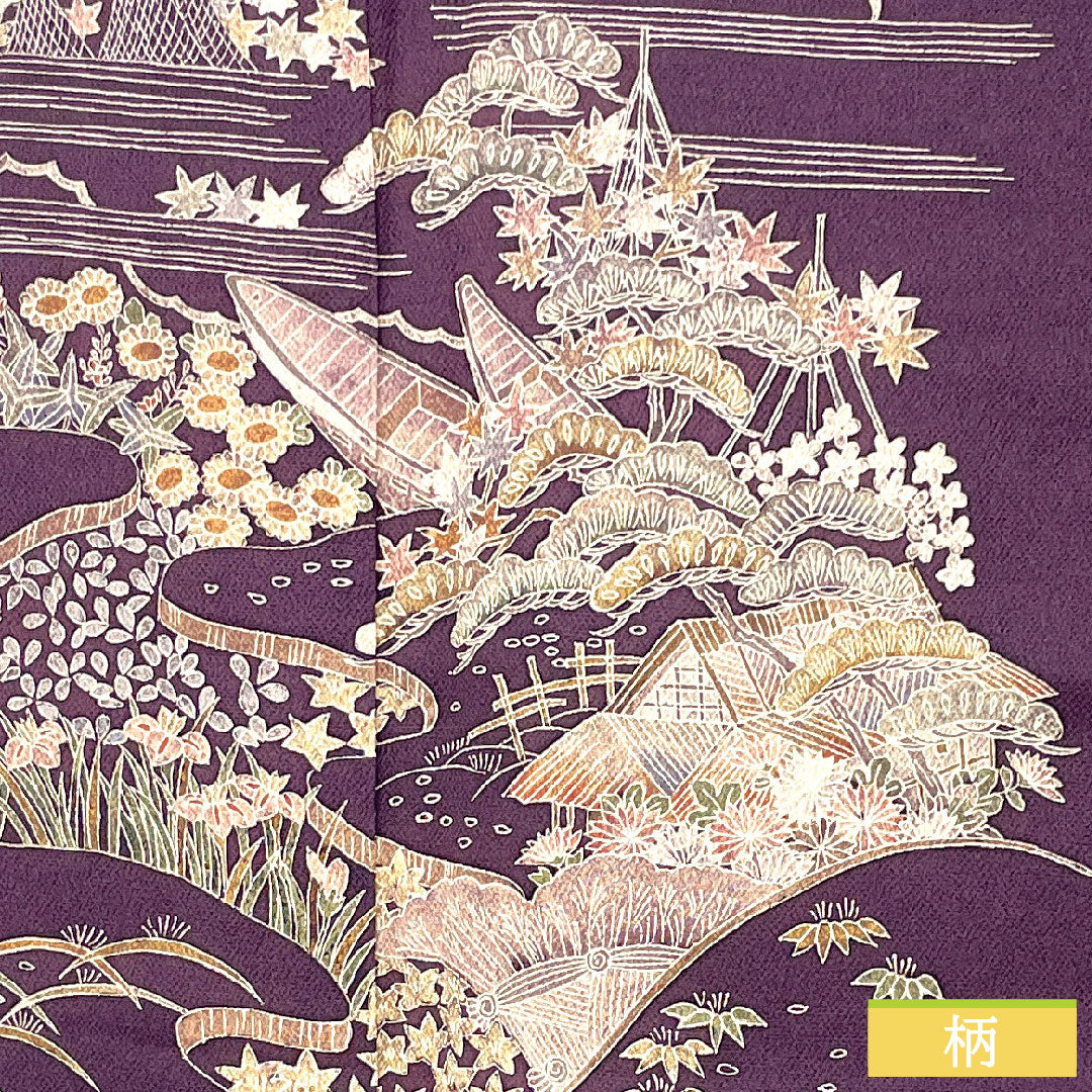 Homongi, pure silk, lined, length 154cm, sleeve length 62.5cm, eggplant navy blue, Kyoto Yuzen crepe, auspicious motif, A rank, purple, 1112005463220