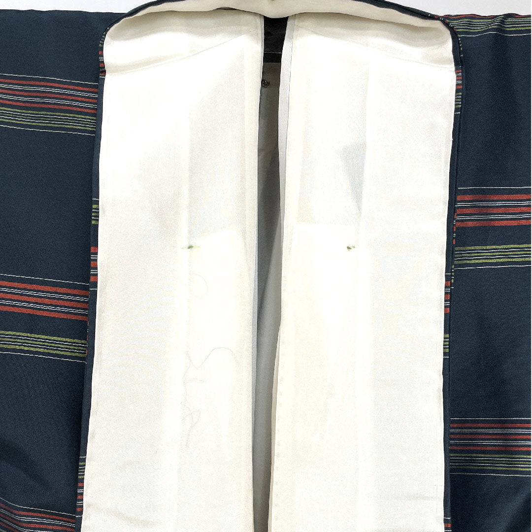 大島紬 身丈149.5cm 裄丈64cm 百入茶色 横縞模様 正絹 Sランク 袷 緑系 1116001662119