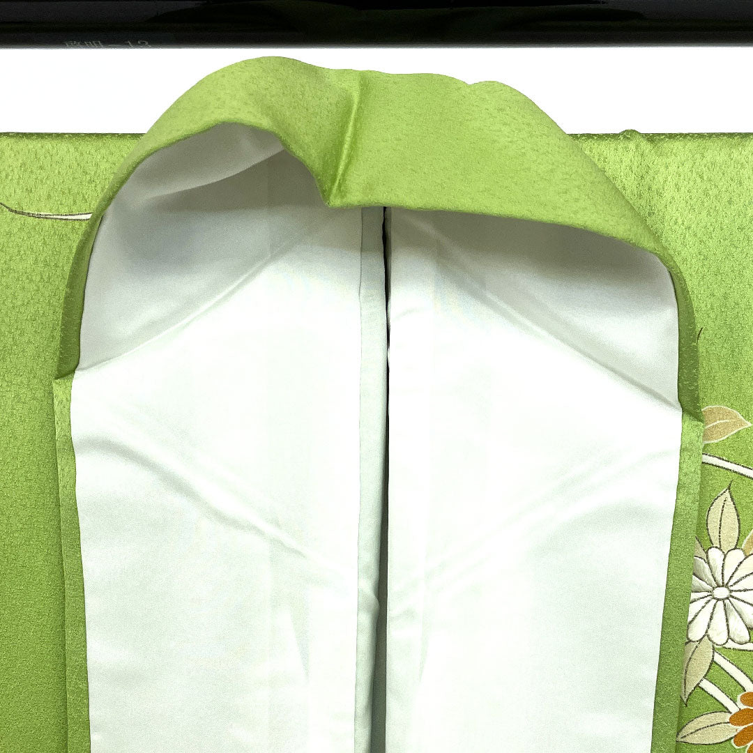 Homongi, lined, length 160cm, sleeve length 64cm, chrysanthemum, pure silk, S rank, green, 1112000332419