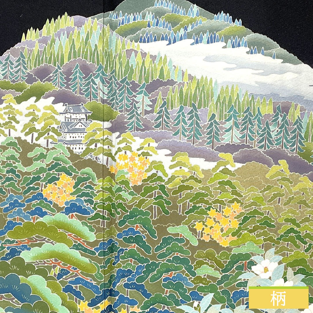 Black formal kimono, pure silk, length 154.5cm, sleeve length 62.5cm, lined, Kyo Kaga Yuzen, landscape pattern, five crests, three-layered pine tree, A rank, black, 1111001713210