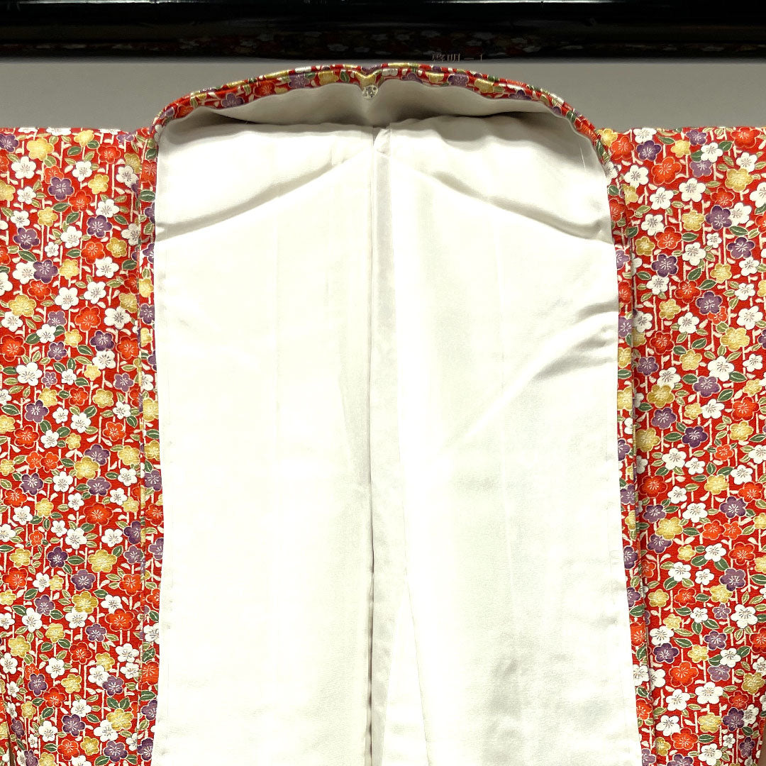 小紋 身丈152cm 裄丈61.5cm 袷  猩々緋色 梅 紬地  正絹 Sランク 赤系 1115002992212