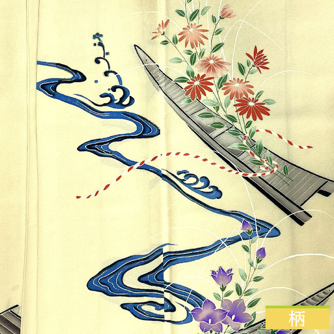 Homongi, pure silk, lined, length 156cm, sleeve length 61.5cm, light egg color, Kyo-Yuzen, A rank, cream color, 1112004563315