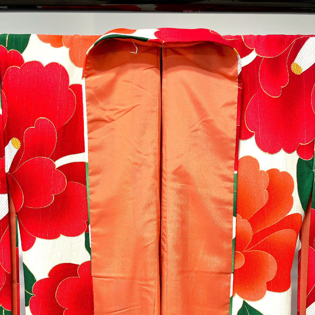 振袖 身丈170.5cm 裄丈67.5cm 袷  象牙色 洗える着物 椿  ポリ Sランク クリーム系 1113001272615