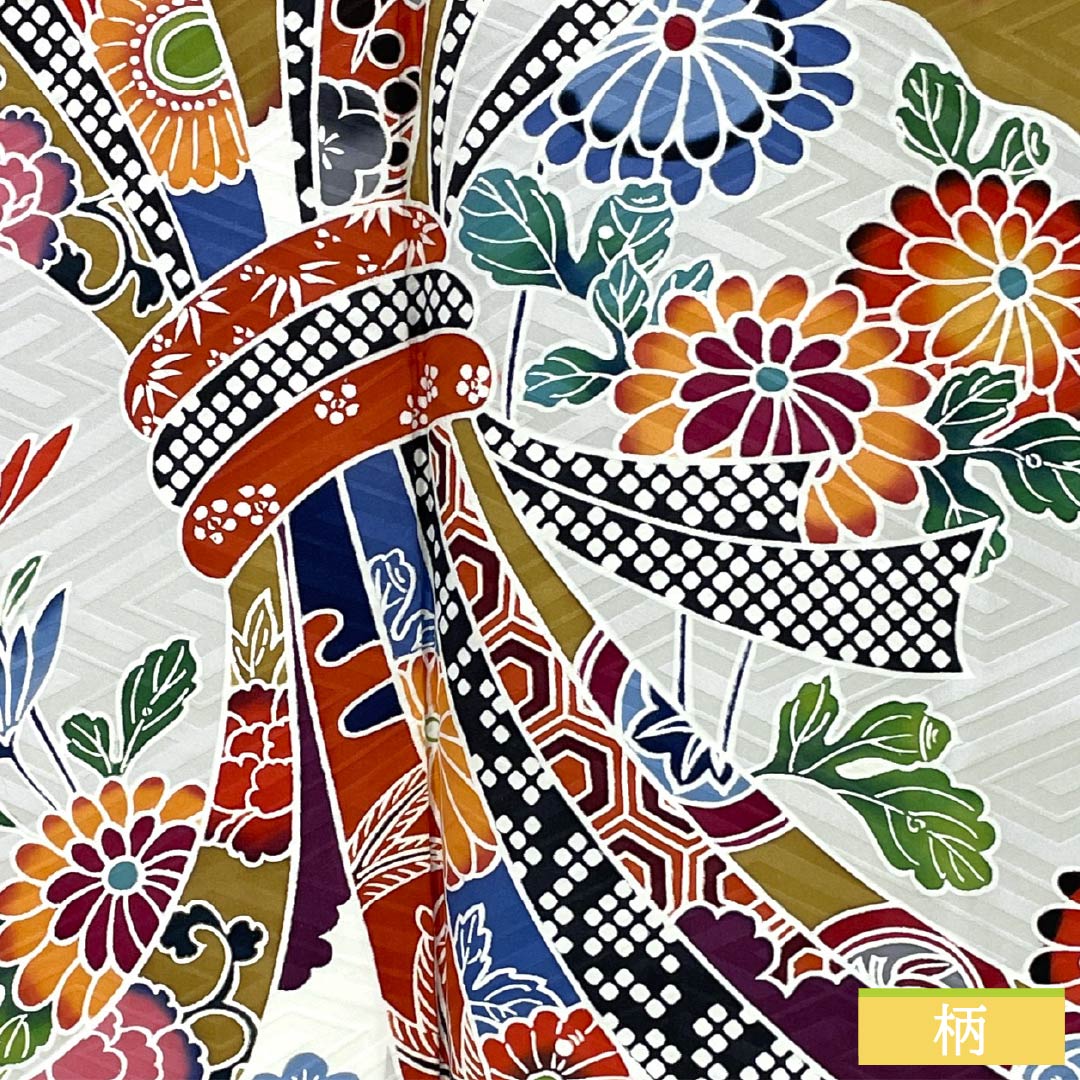 振袖 正絹 Sランク 身丈160.5cm 裄丈64cm 袷 銀白色（ぎんはくしょく） 京友禅 束ね熨斗 紗綾形 グレー系 1113002462422