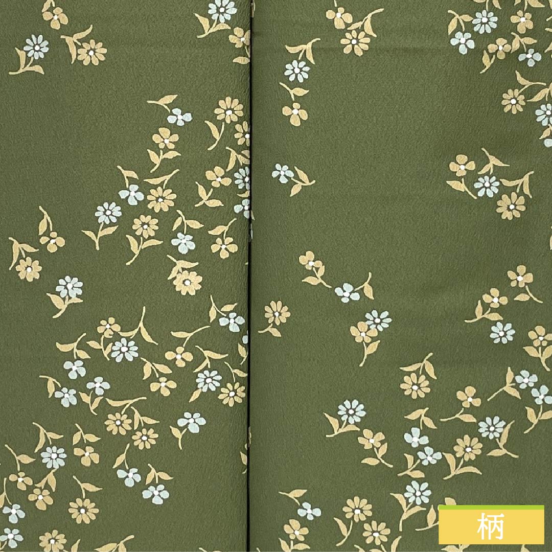 小紋 ポリエステル 身丈157cm 裄丈64cm 袷 柳煤竹色（やなぎすすたけいろ） 小花 洗える着物 Sランク 緑系 1115006242319