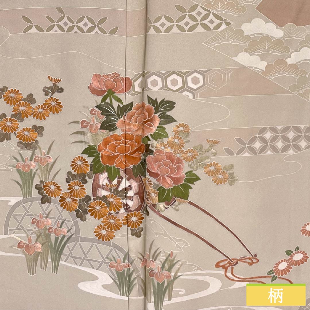 訪問着 正絹 Sランク 袷 身丈159cm 裄丈68cm 翁茶色（おきなちゃいろ） 京友禅 付下げ 蘇州刺繡 花車 扇面 ピンク系 1112006622313