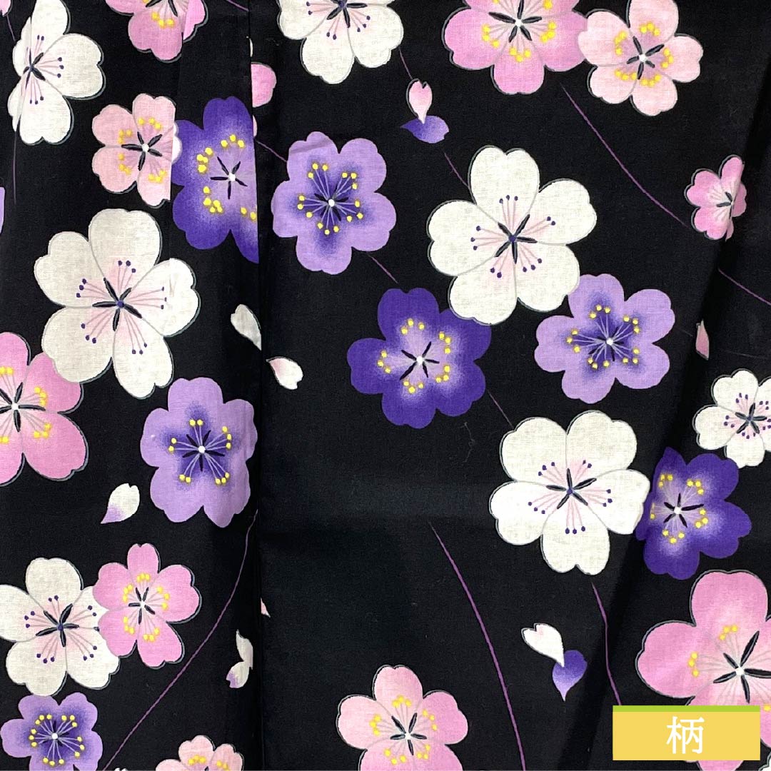 Cotton Yukata, Length 166.5cm, Sleeve Length 62.5cm, S Rank, Single Layer, Black, Cherry Blossom Design, 1118005932510