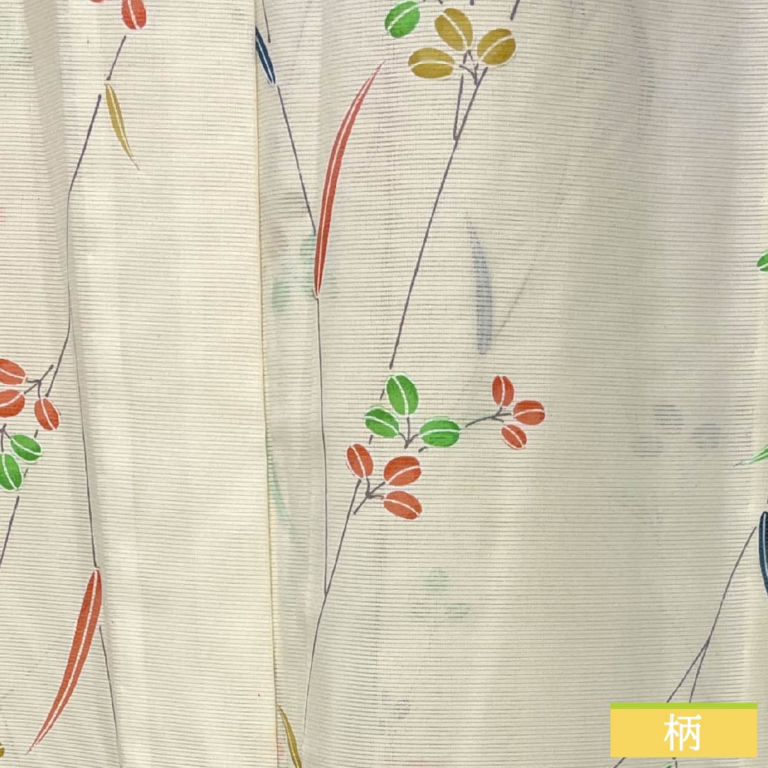 夏物 ポリエステル 小紋 Aランク 身丈163.5cm 裄丈64cm 白百合色（しらゆりいろ） 草花模様 絽 黄系 1132004513423